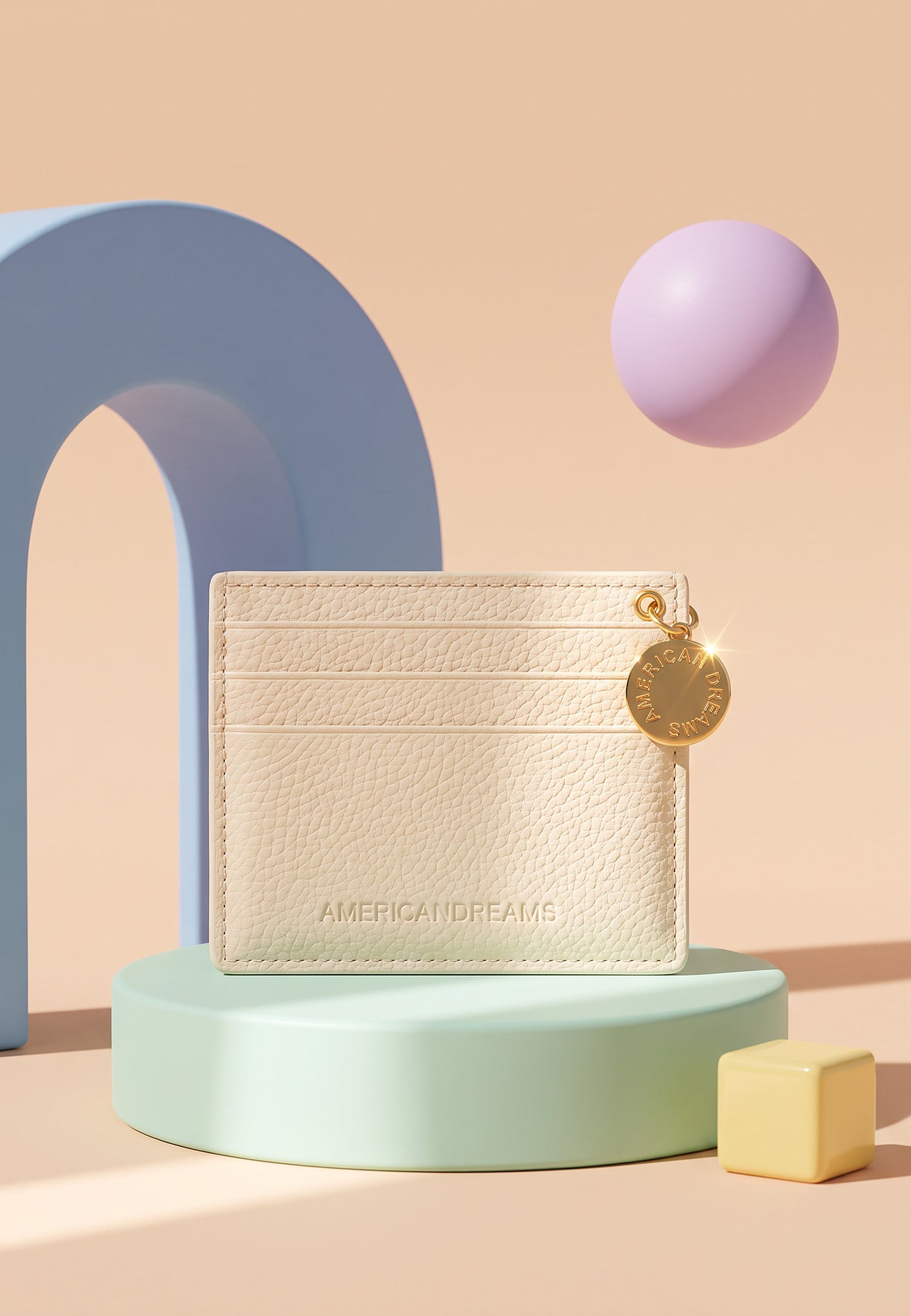 Signature Card Holder Leather with Charm Beige
