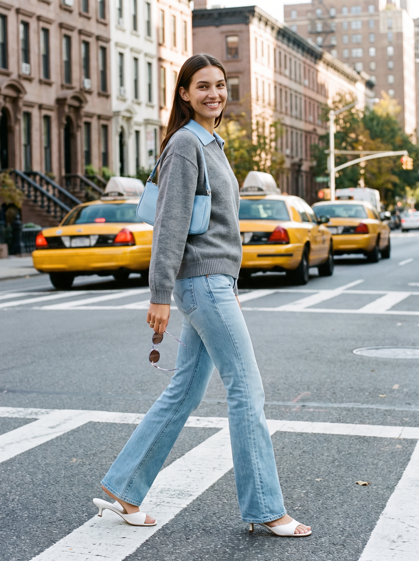 Hailey Contrast Collar Knit Grey/Light Blue - NYC street style