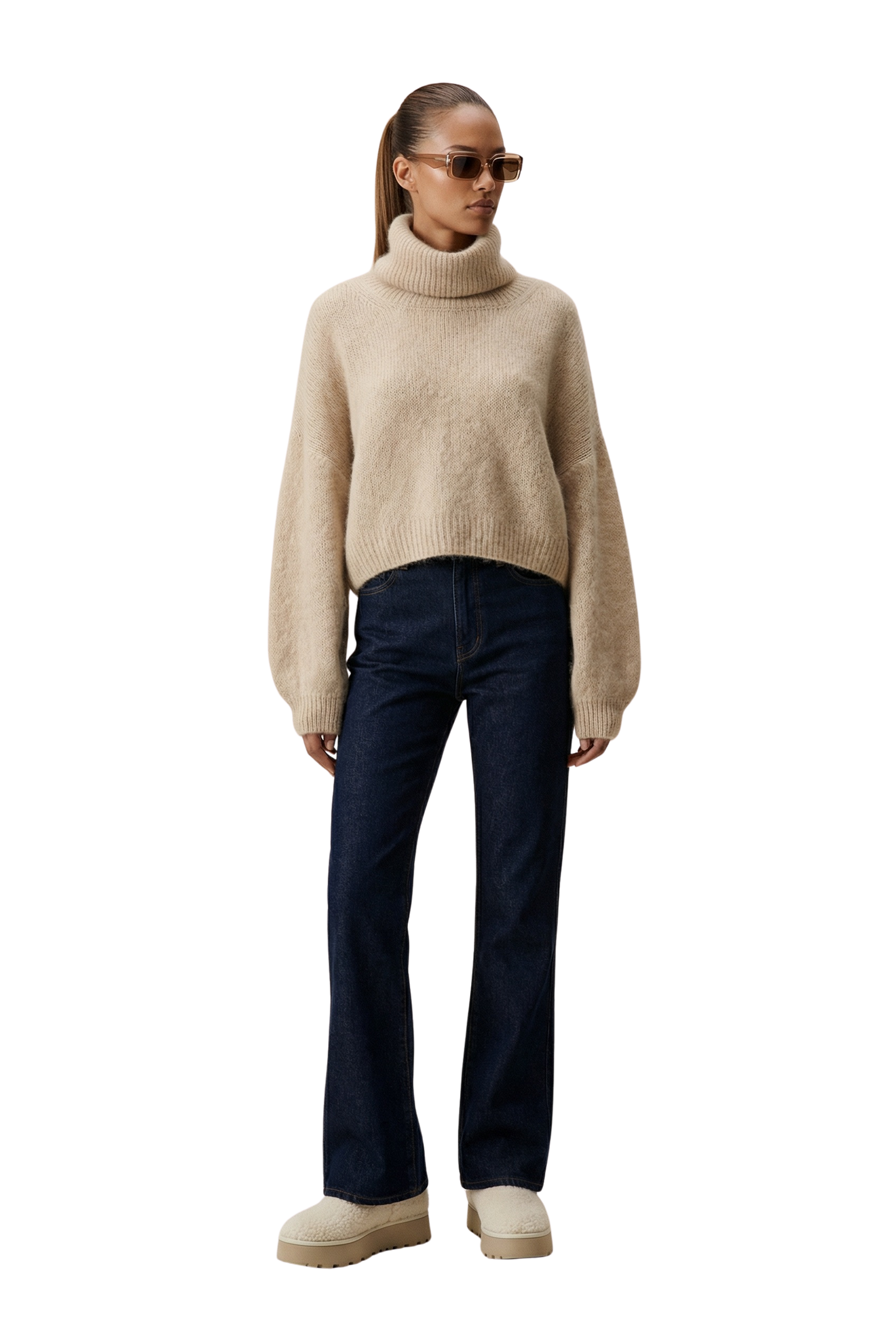 Andrea Rollneck Cropped Alpaca Pullover Beige