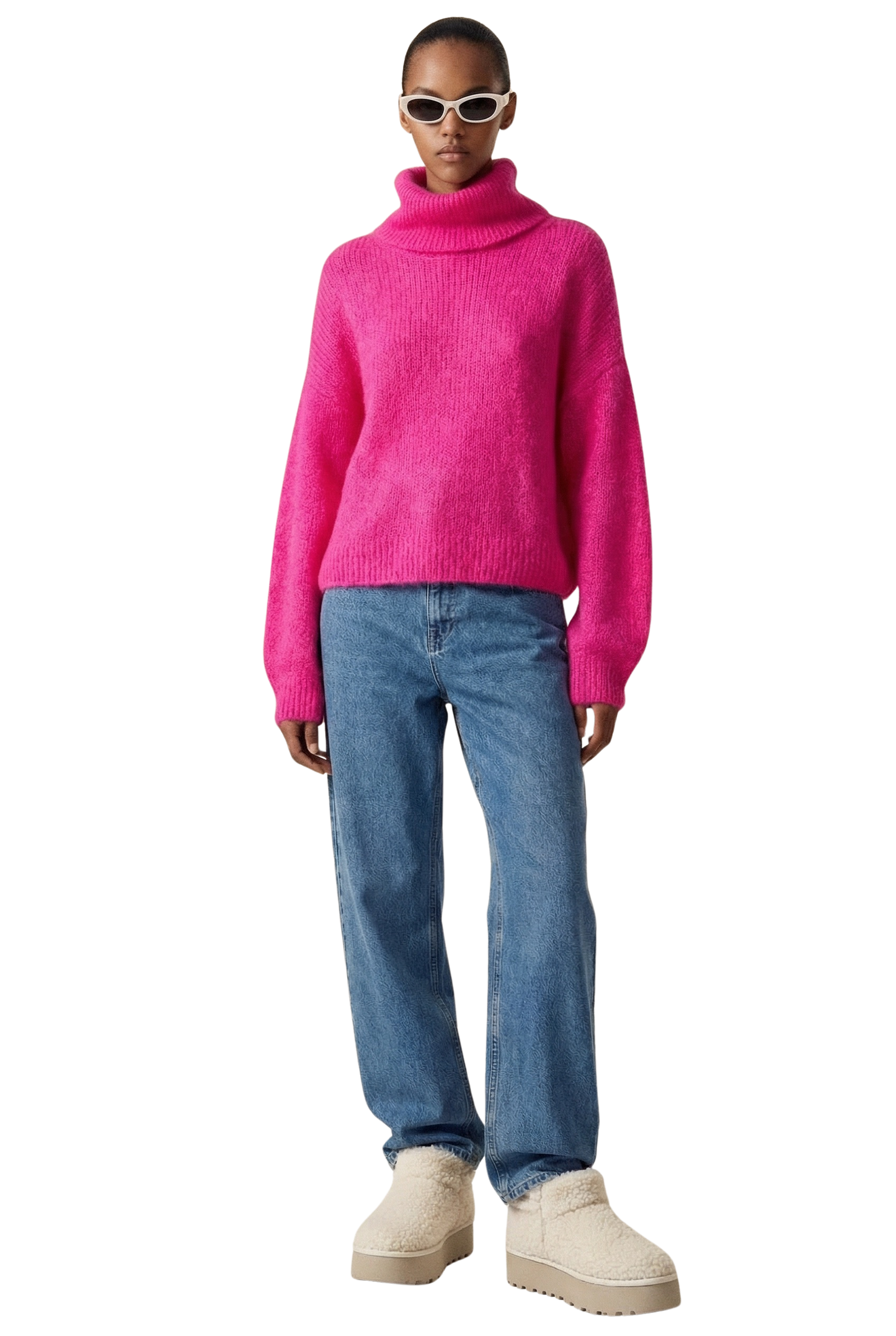 Andrea Rollneck Cropped Alpaca Pullover Neon Pink