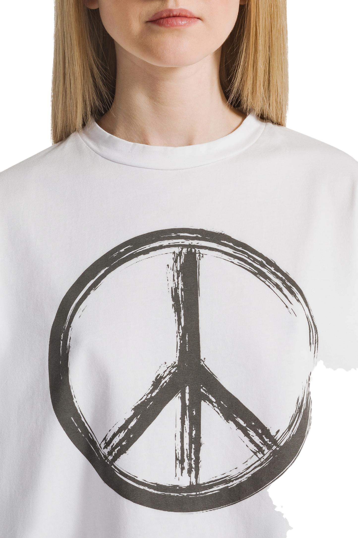T-Shirt Cropped White Peace Cotton Tee W/ Black Letters