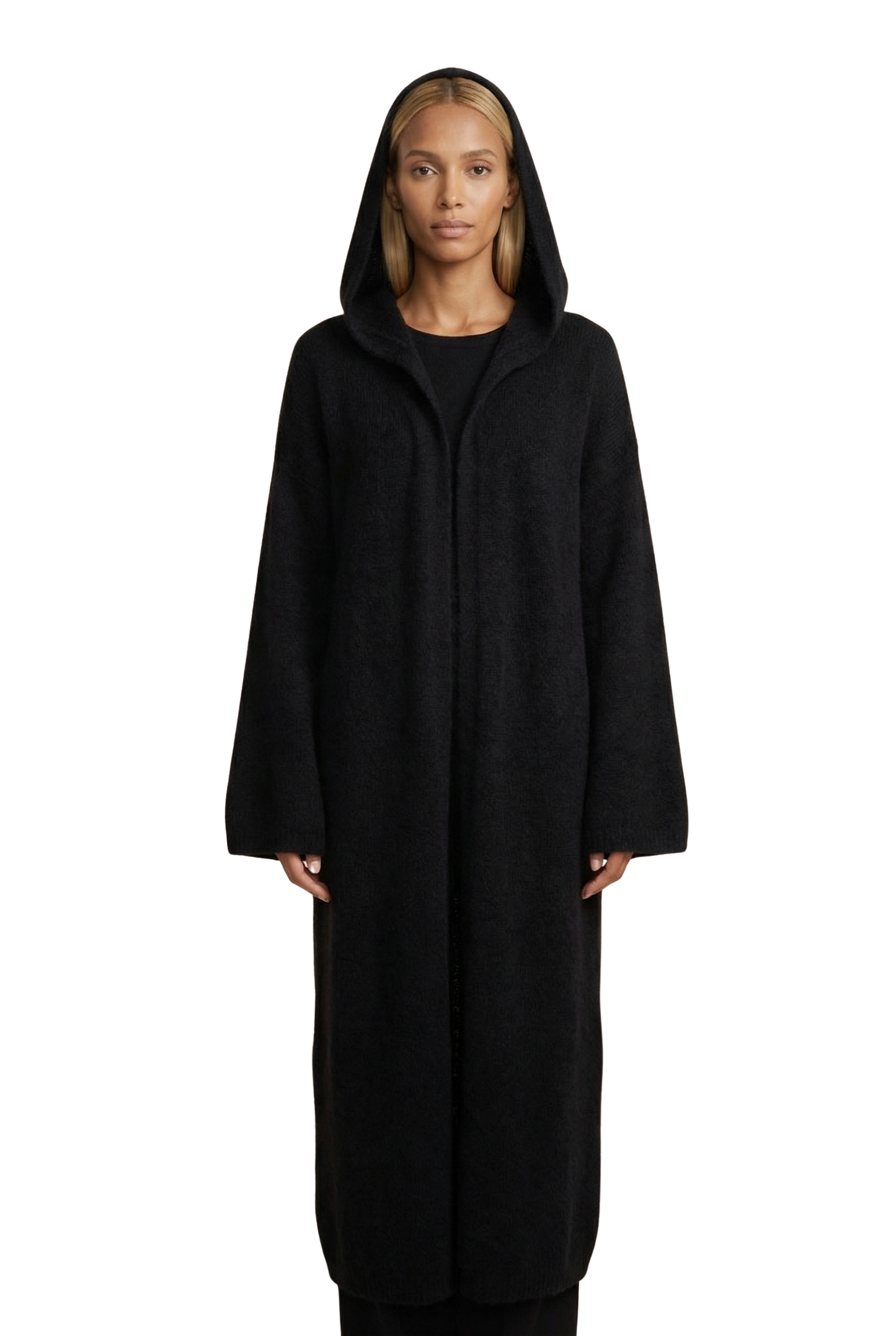 June Long Alpaca Cardigan With Hood Black