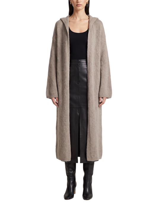 June Long Alpaca Cardigan With Hood Light Taupe Model