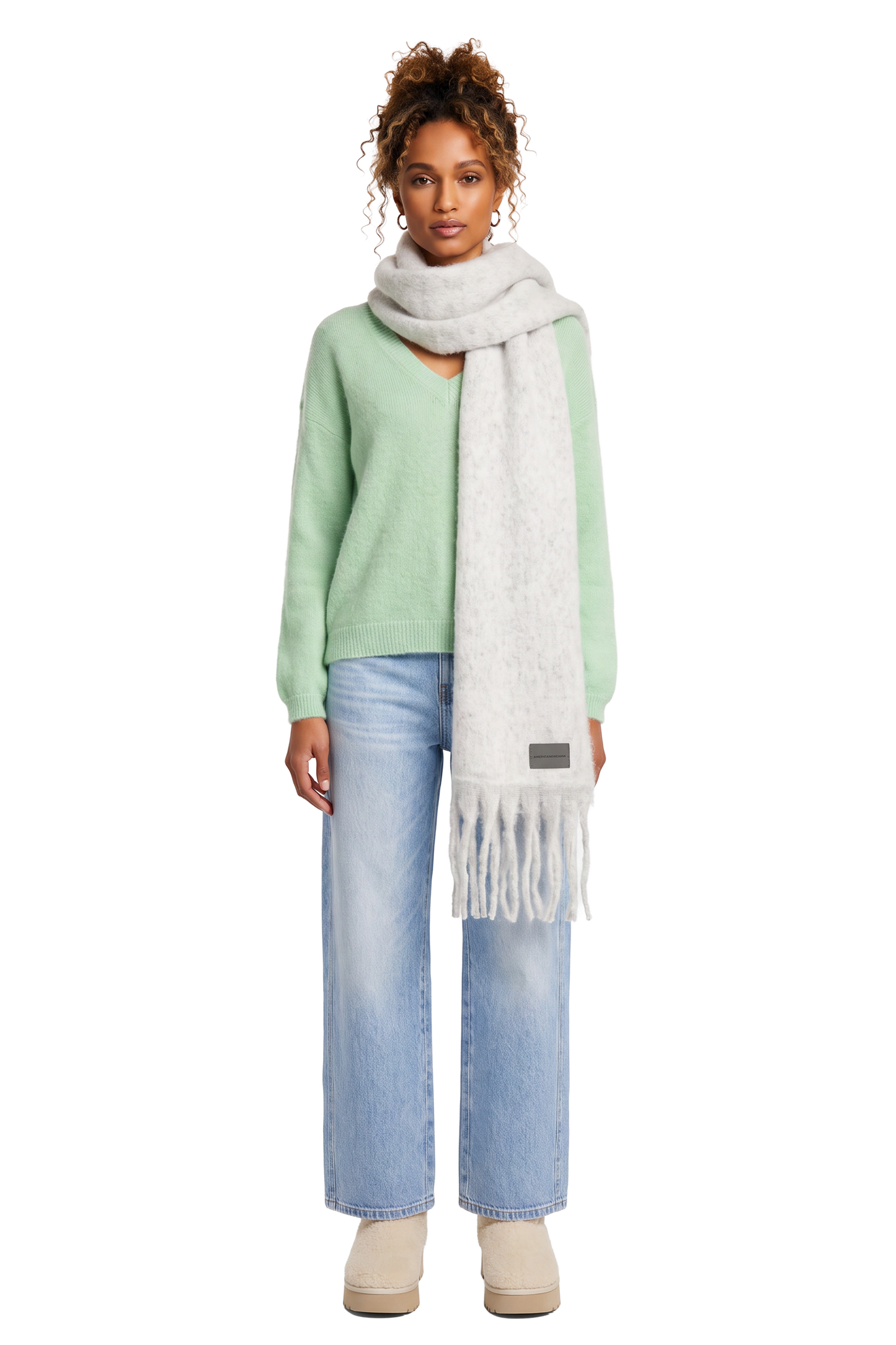 Maui Oversized Fringe Scarf White Melange Model