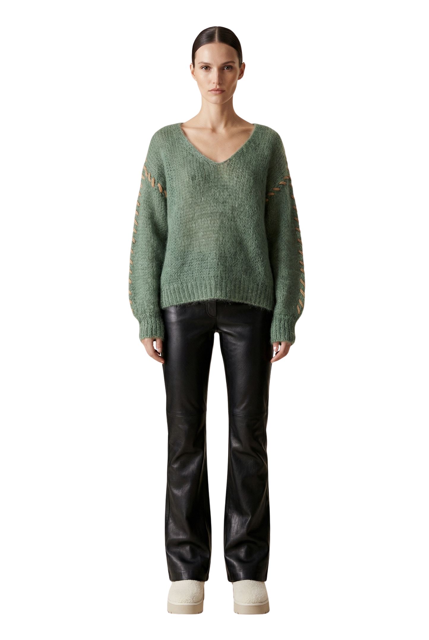 Milana LS Mohair Knit Stitching Dusty Green