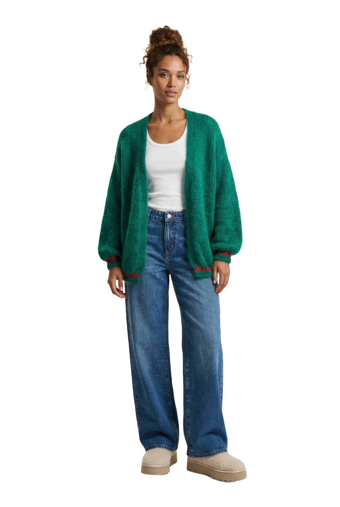 Olivia Mohair Cardigan Jade Green W/Coral Red Lurex