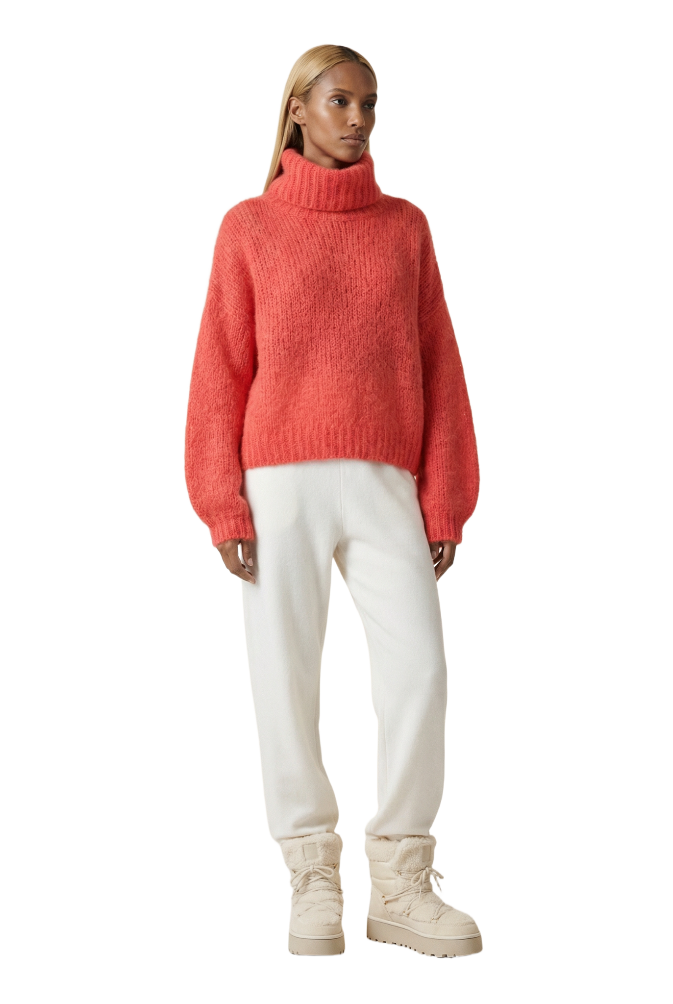Pepper Roll Neck Alpaca Pullover Cropped Coral Red