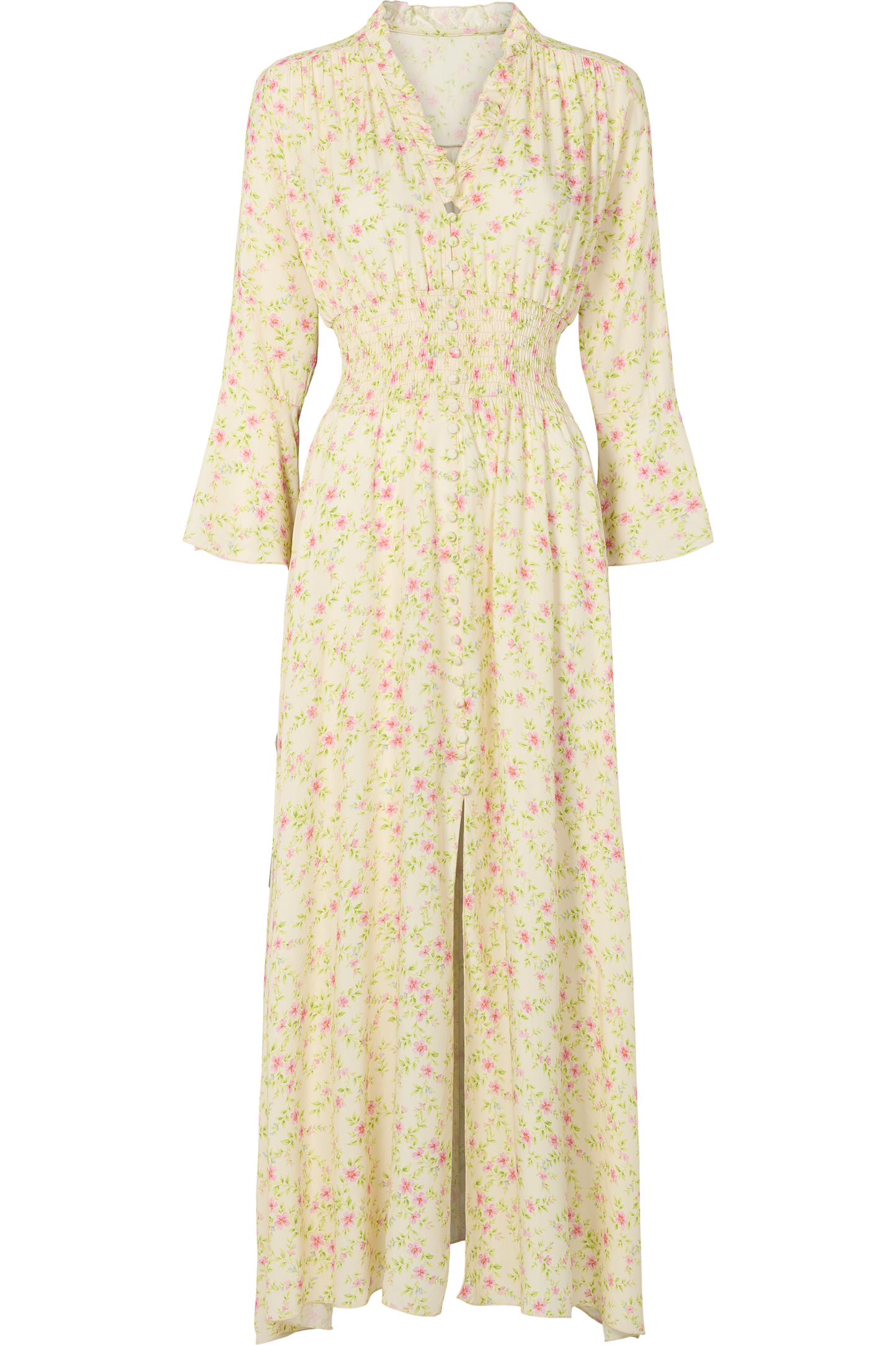 Sally Long Dress Light Yellow W/Pink Flower