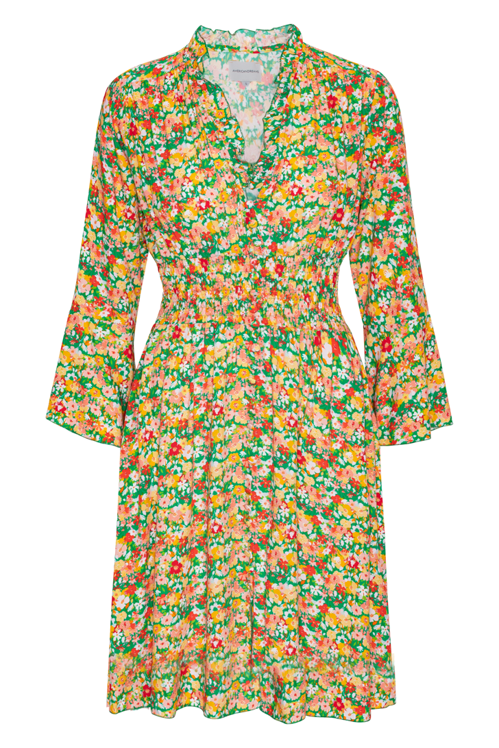 Sally Short Dress Green Big Multi Flower