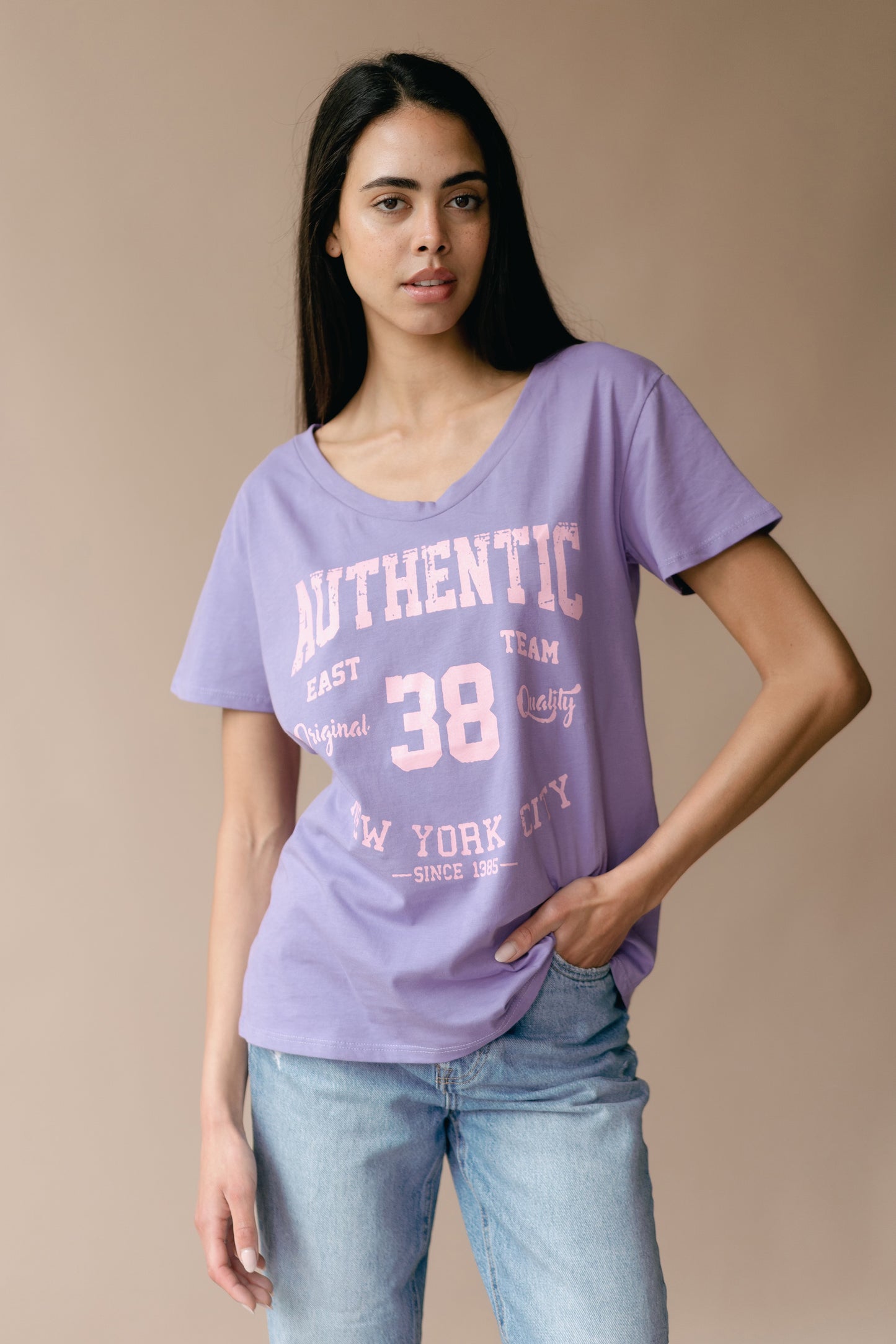 T-shirt Lilac 38 East Authentic Cotton Tee W/Pink Letters