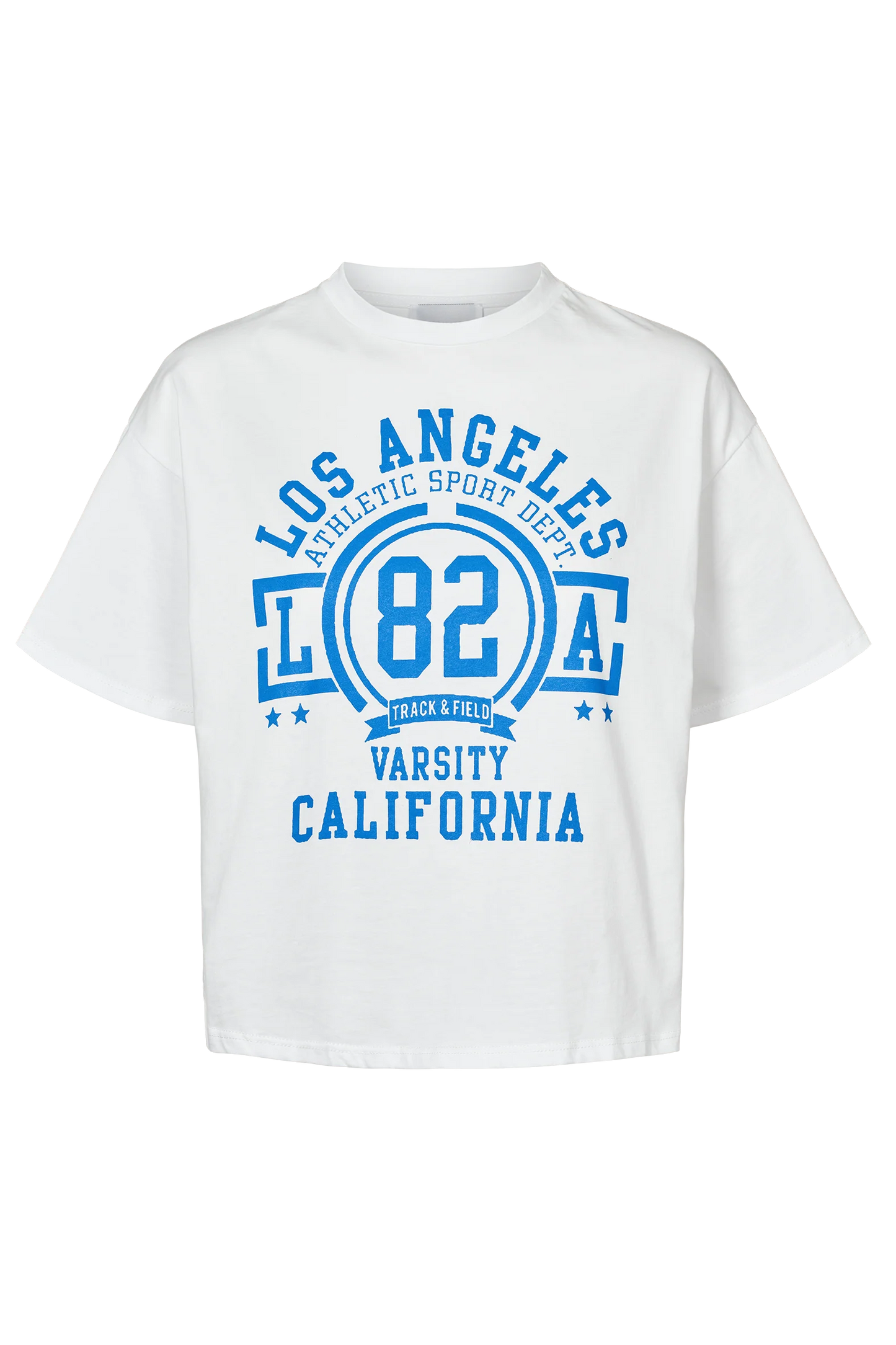 T-Shirt Cropped White LA California Cotton Tee W/Sky Blue Letters