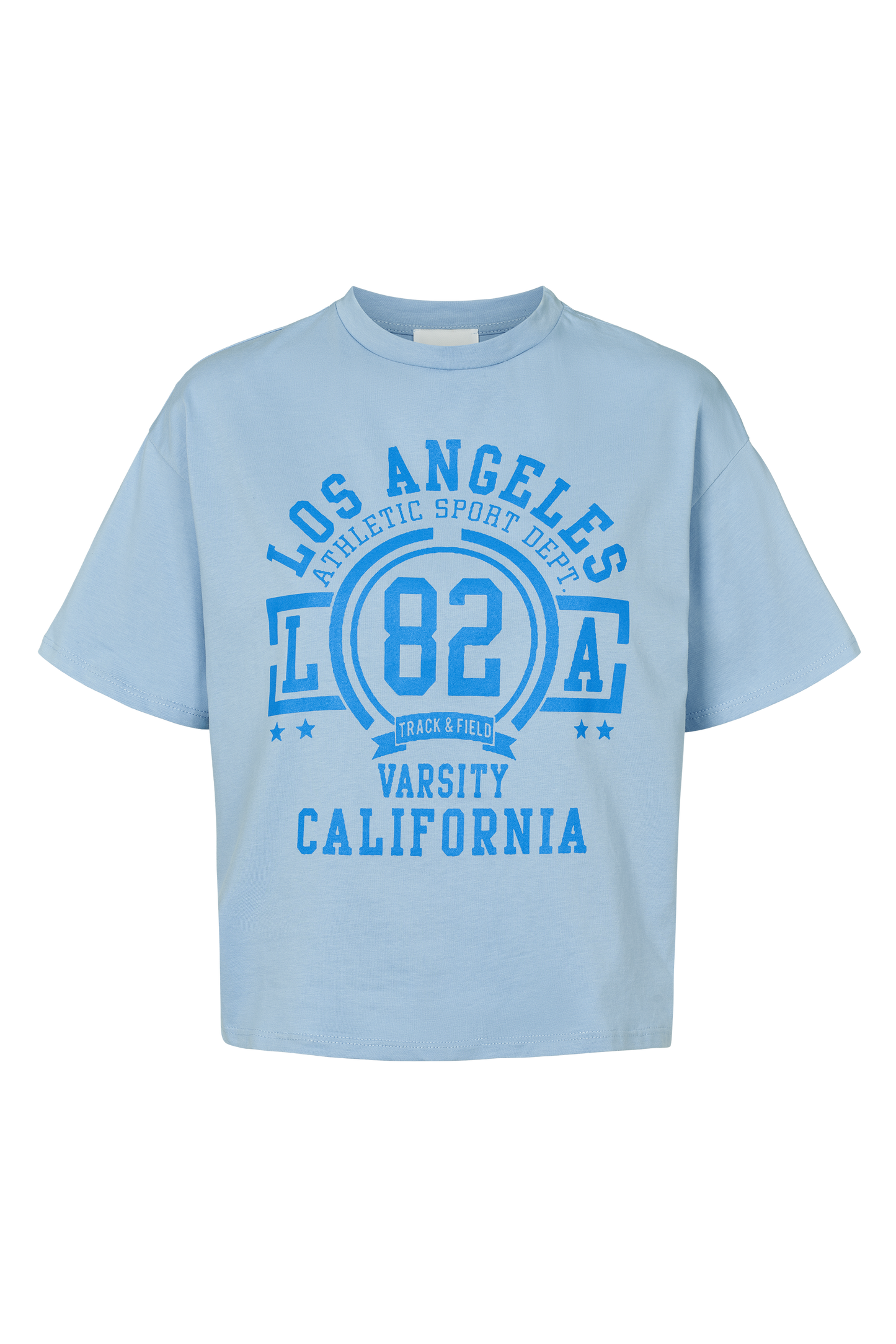 T-Shirt Cropped Light Blue LA California Cotton Tee W/Blue Letters