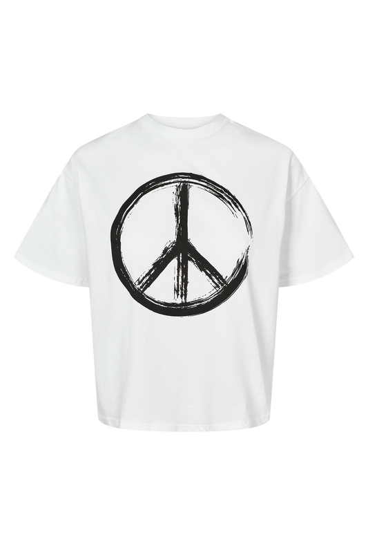 T-Shirt Cropped White Peace Cotton Tee W/ Black Letters