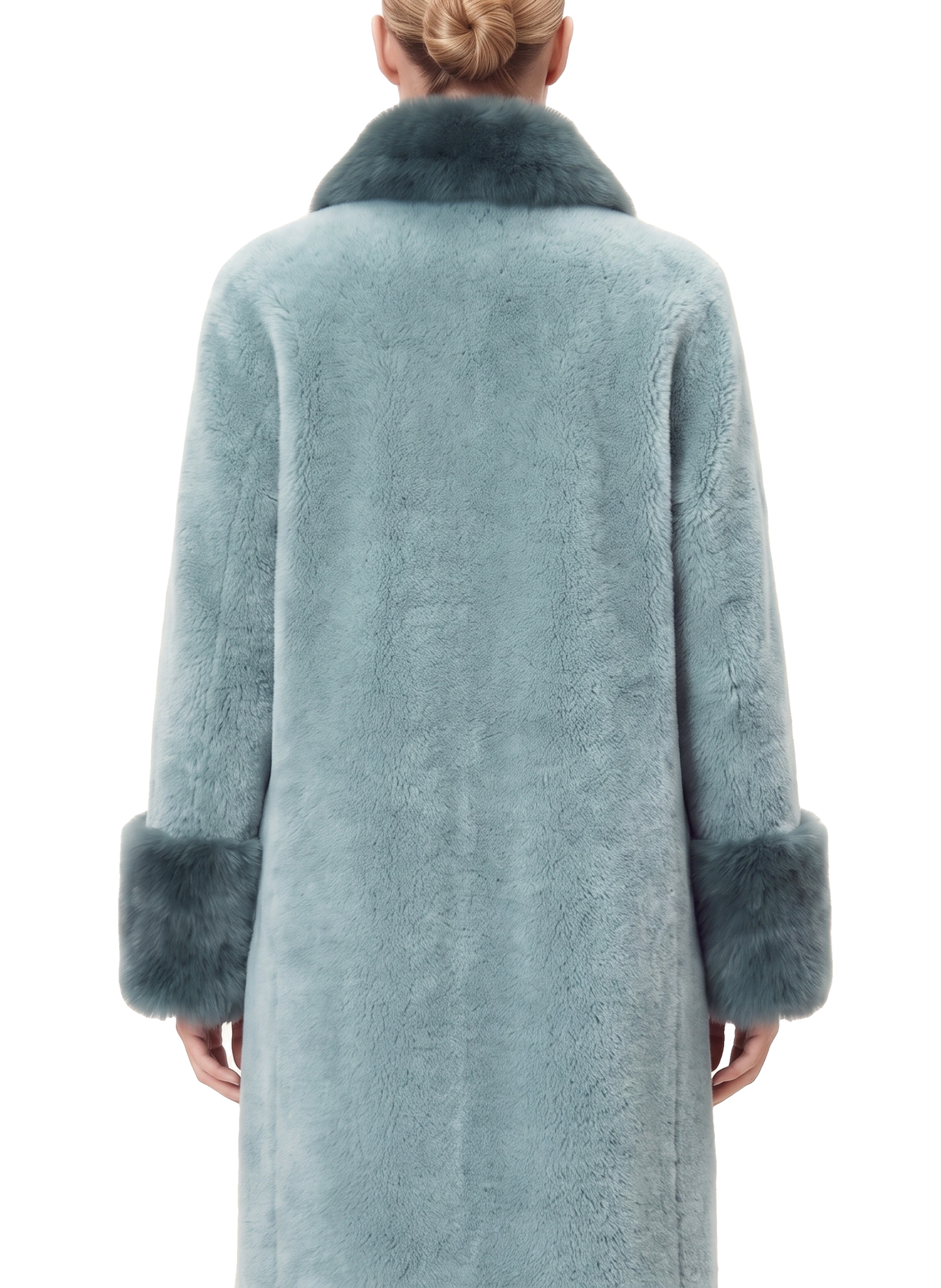 Fiona Wool Coat Long Turquoise Model Upper Back