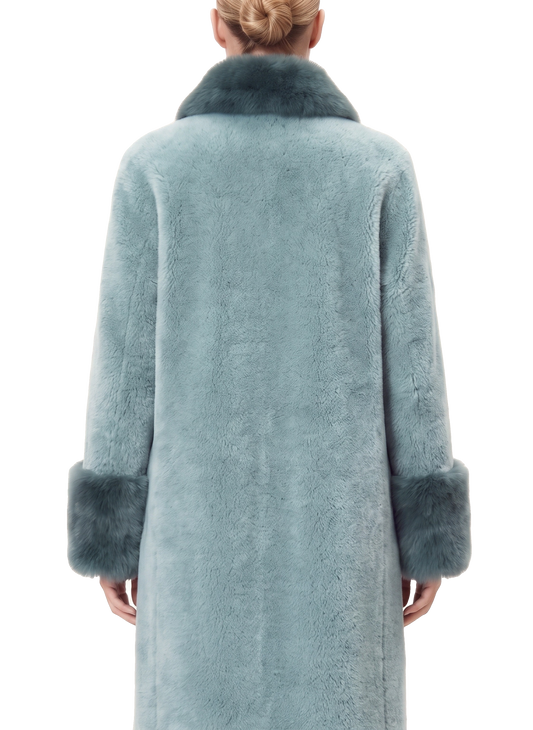 Fiona Wool Coat Long Turquoise Model Upper Back