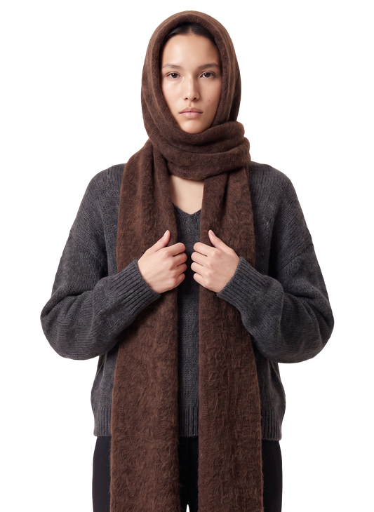 Penn Hooded Alpaca Scarf Cocoa Model