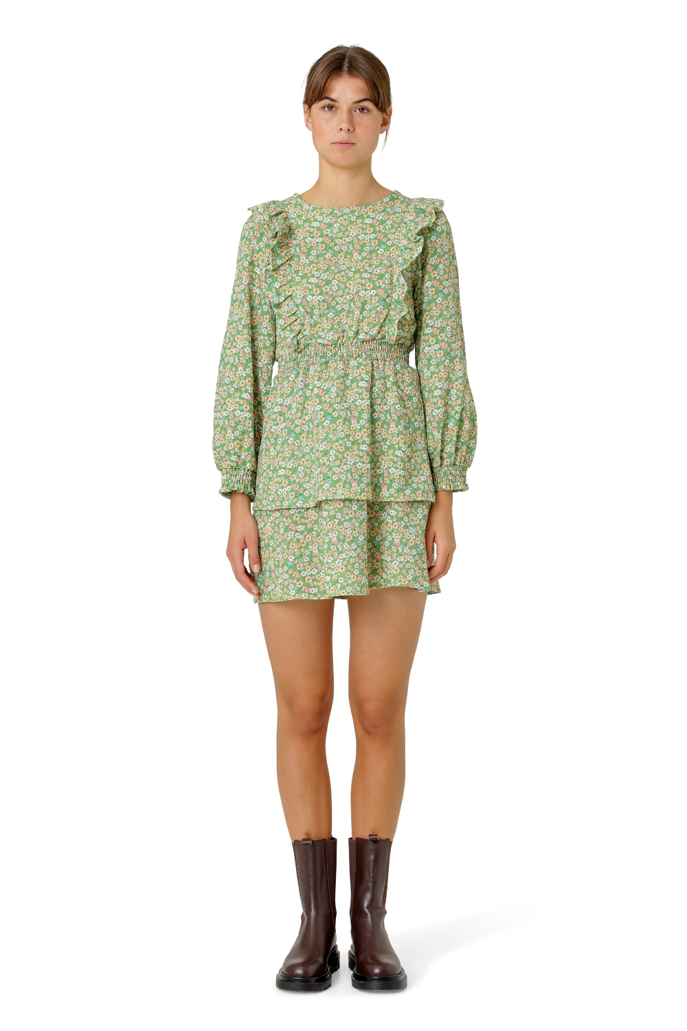 Patricia Long Sleeve Short Dress Green Multi Small Flower
