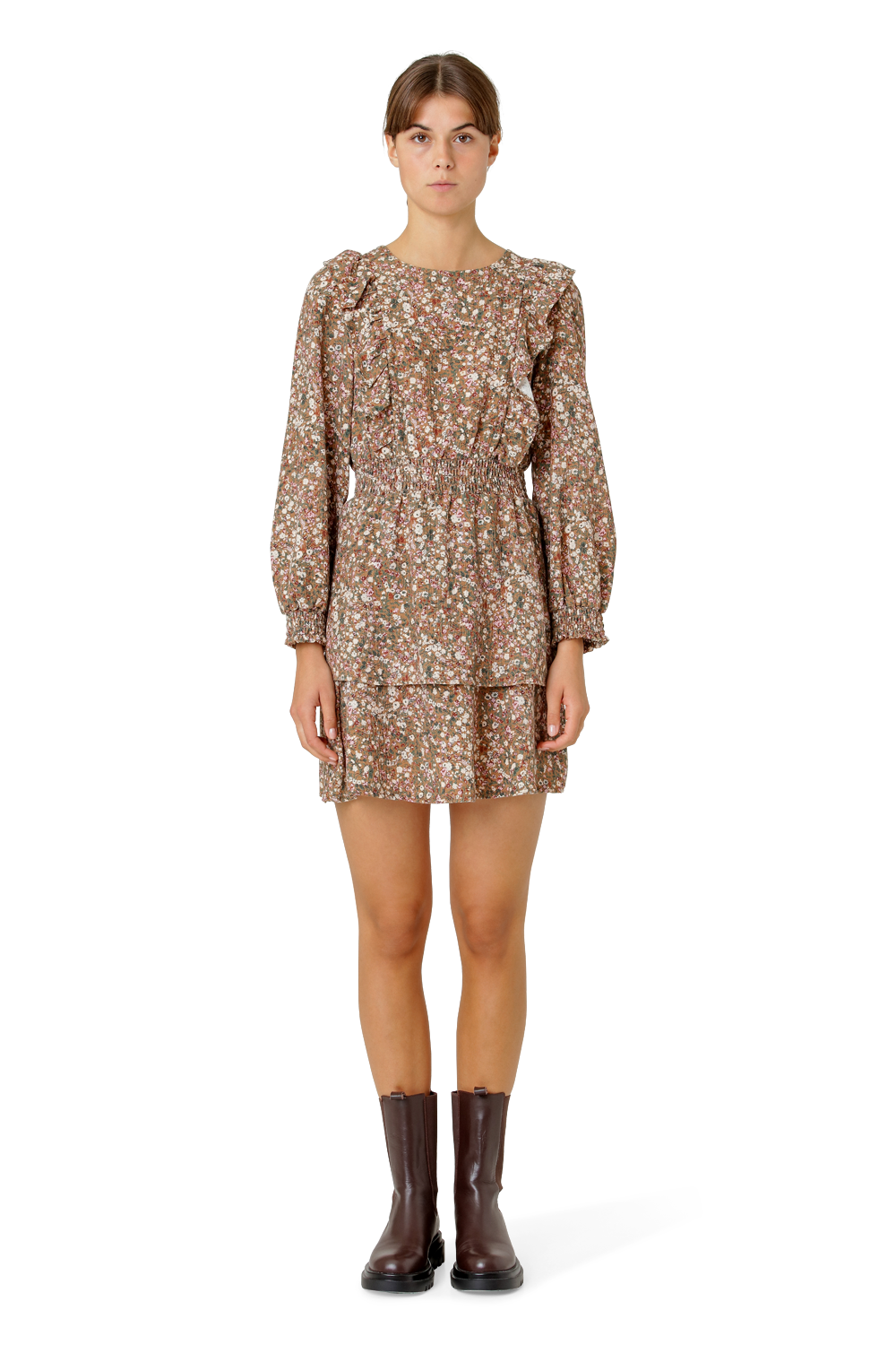 Patricia Long Sleeve Short Dress Brown Flower - Sample