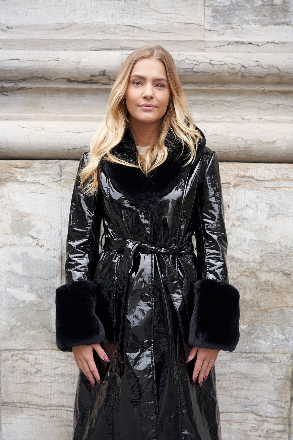 Bella PU Patent Leather Coat Long Black - Sample
