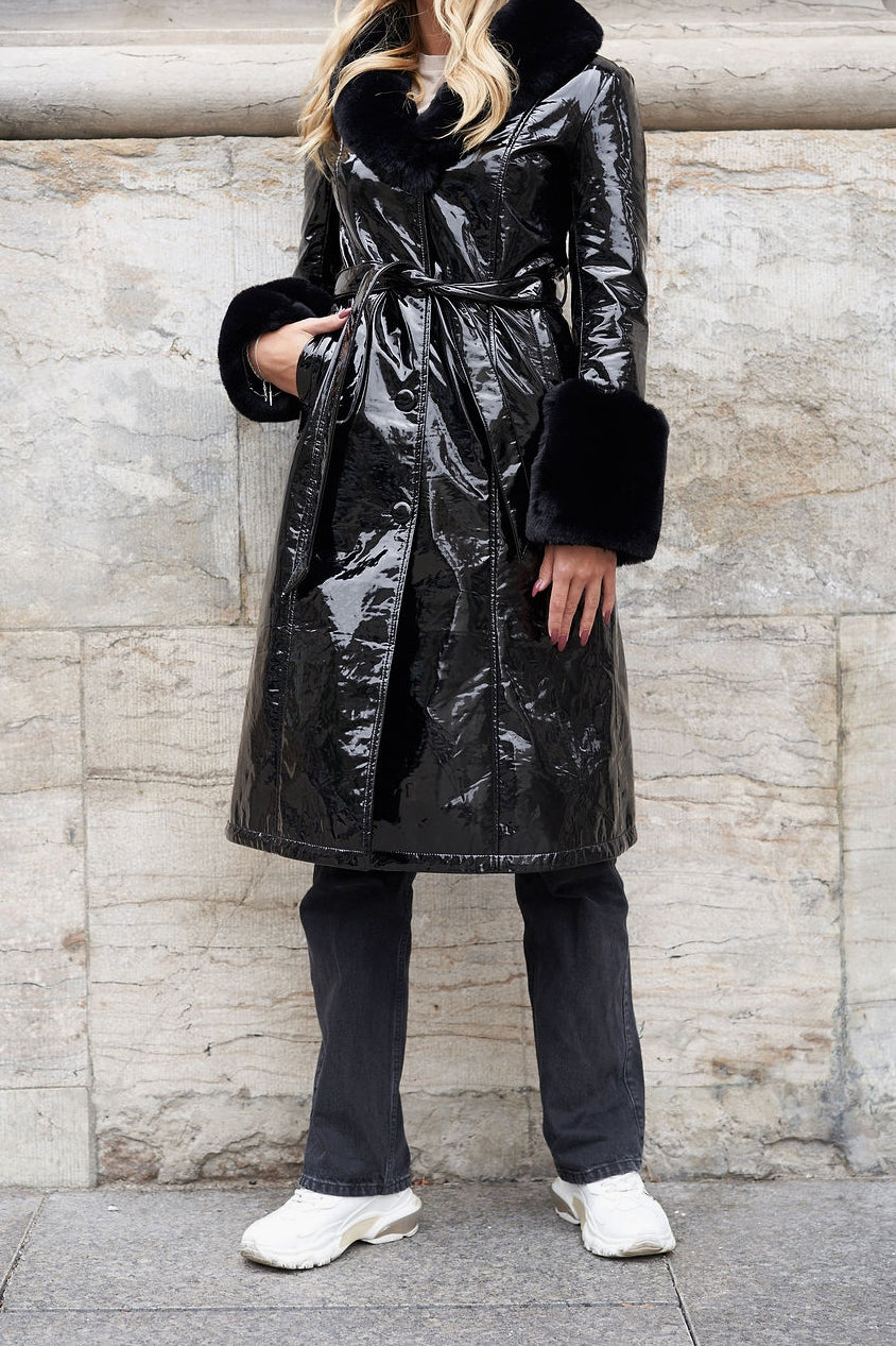 Bella PU Patent Leather Coat Long Black - Sample