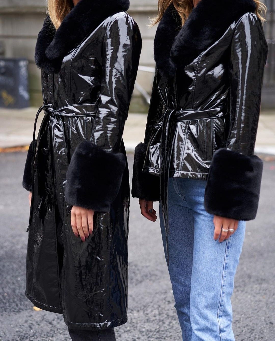 Bella PU Patent Leather Coat Long Black - Sample