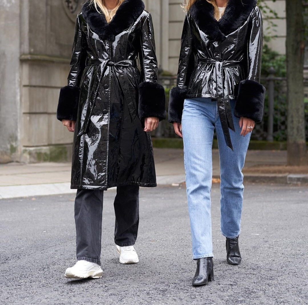 Bella PU Patent Leather Coat Long Black - Sample