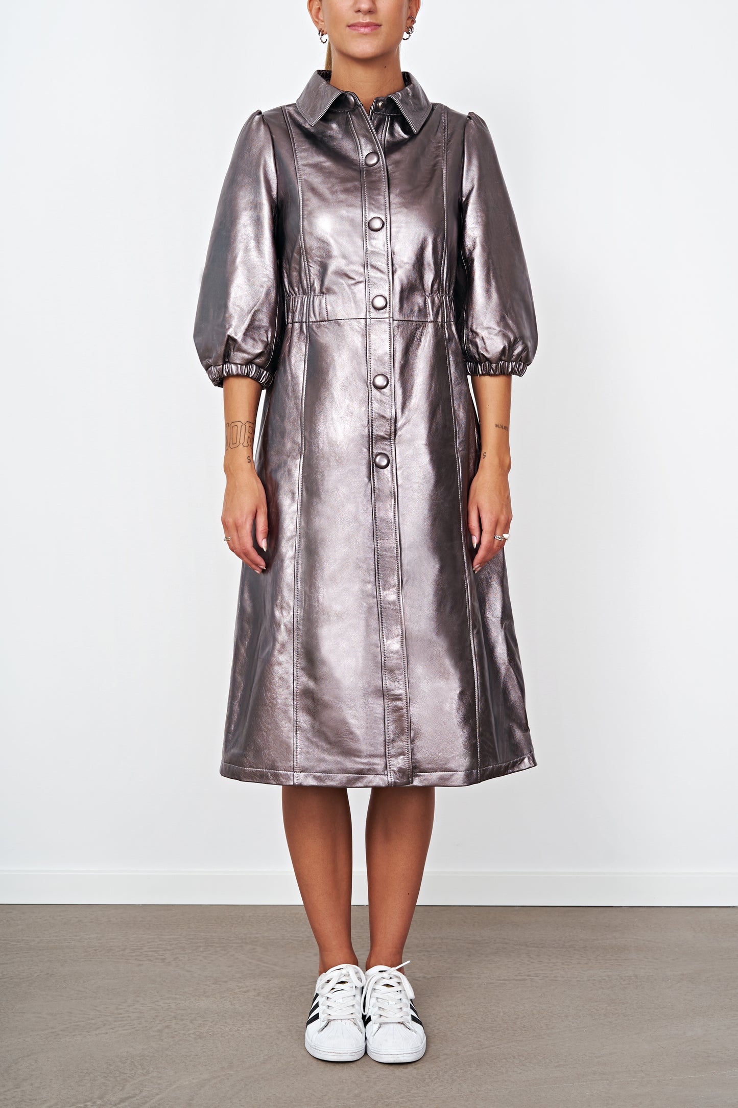 Alice Leather Button Dress Metallic Grey - Sample