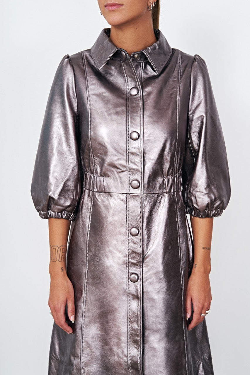 Alice Leather Button Dress Metallic Grey - Sample