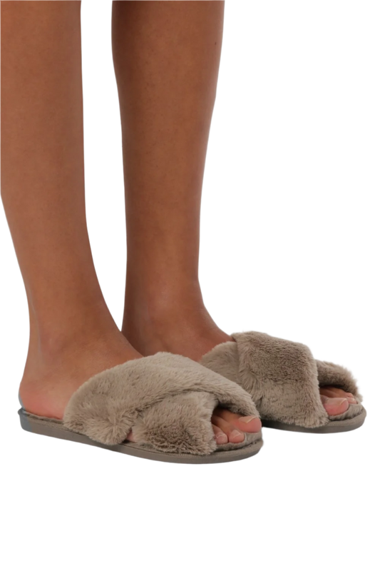 Lou Faux Fur Slippers Taupe