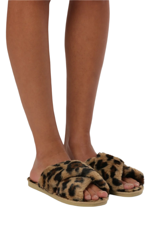 Lou Faux Fur Slippers Brown Leo