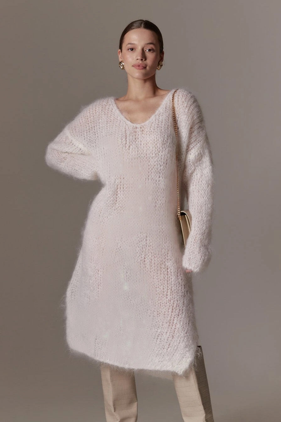 Camilla V Neck Mohair Dress White