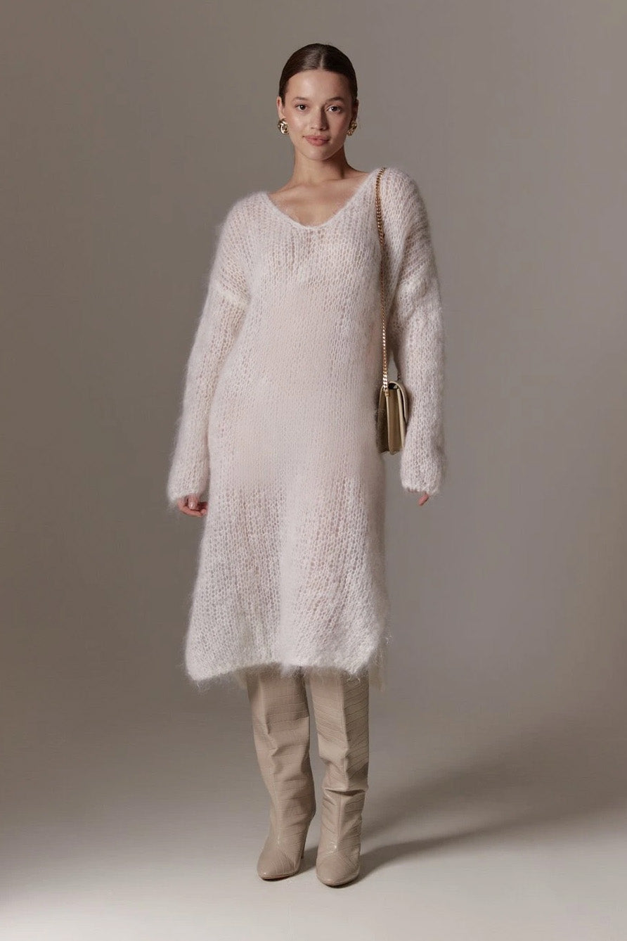 Camilla V Neck Mohair Dress White