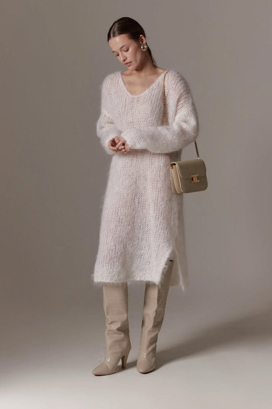 Camilla V Neck Mohair Dress White