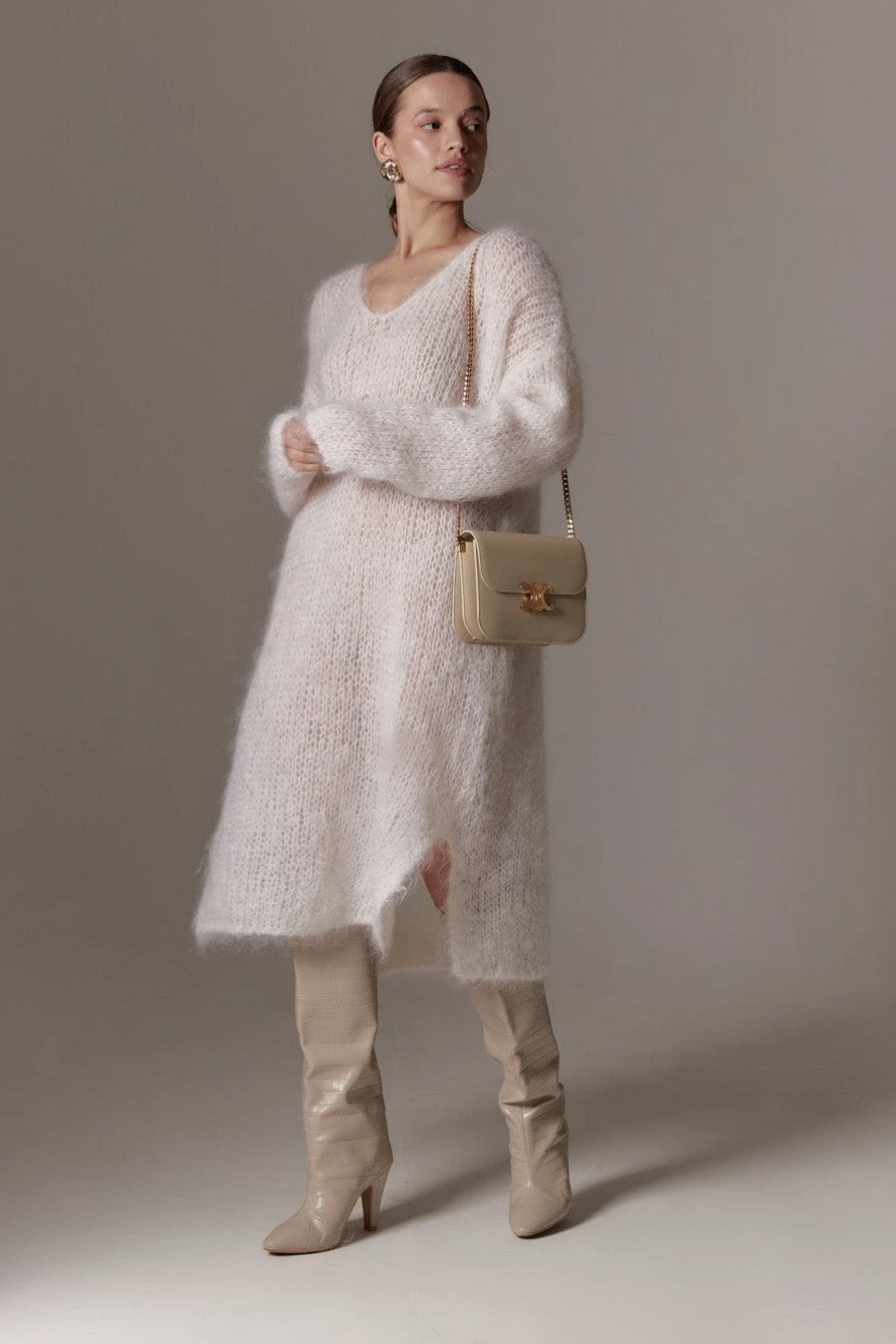 Camilla V Neck Mohair Dress White