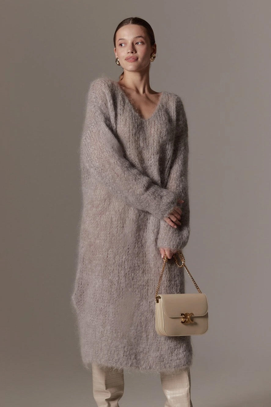 Camilla V Neck Mohair Dress Grey