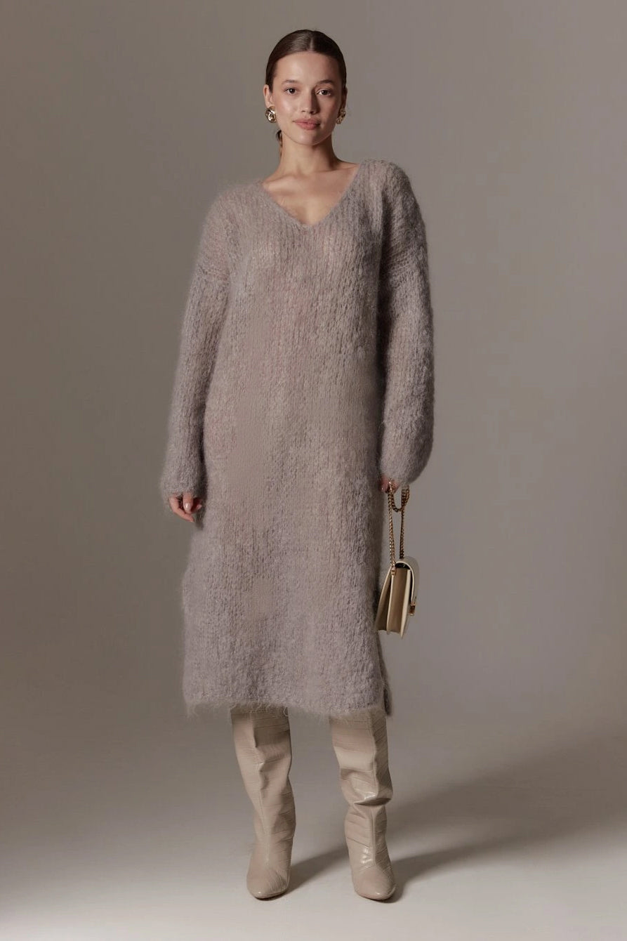 Camilla V Neck Mohair Dress Grey