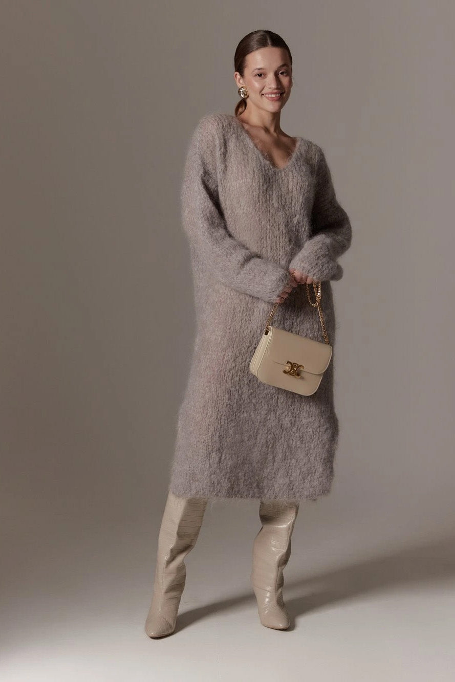 Camilla V Neck Mohair Dress Grey