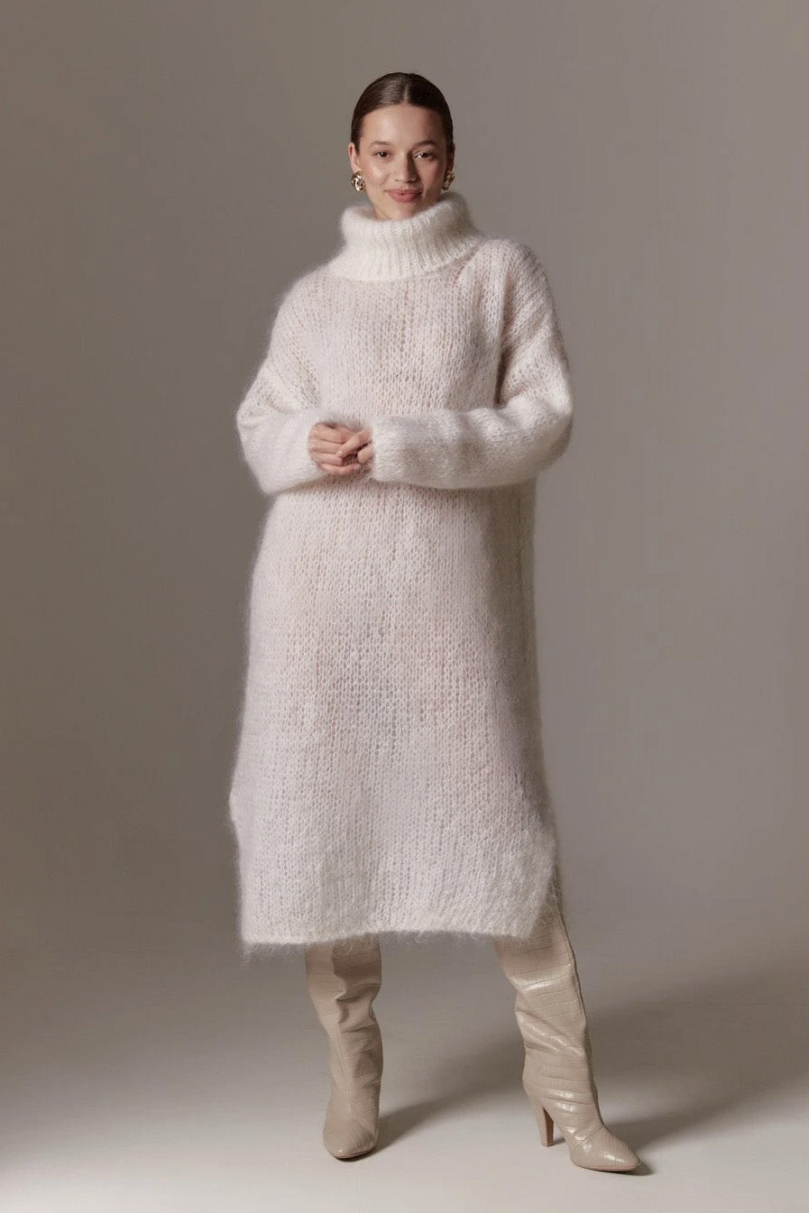 Chiara LS Roll Neck Dress White