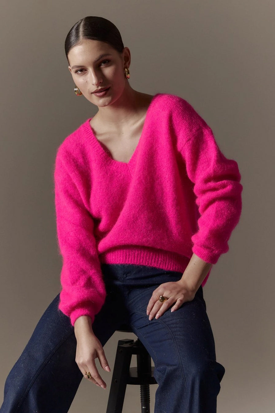 Silja V Neck Knit Neon Pink