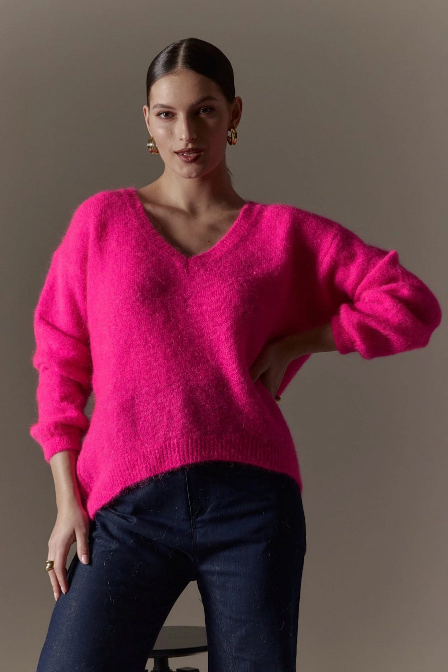 Silja V Neck Knit Neon Pink