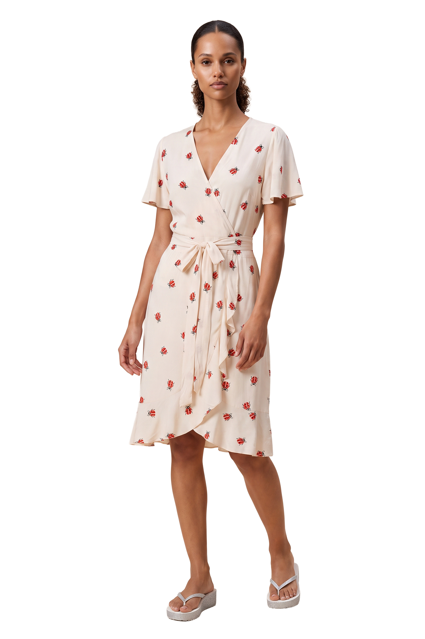 Milly Wrap Dress Short Beige W/Ladybugs