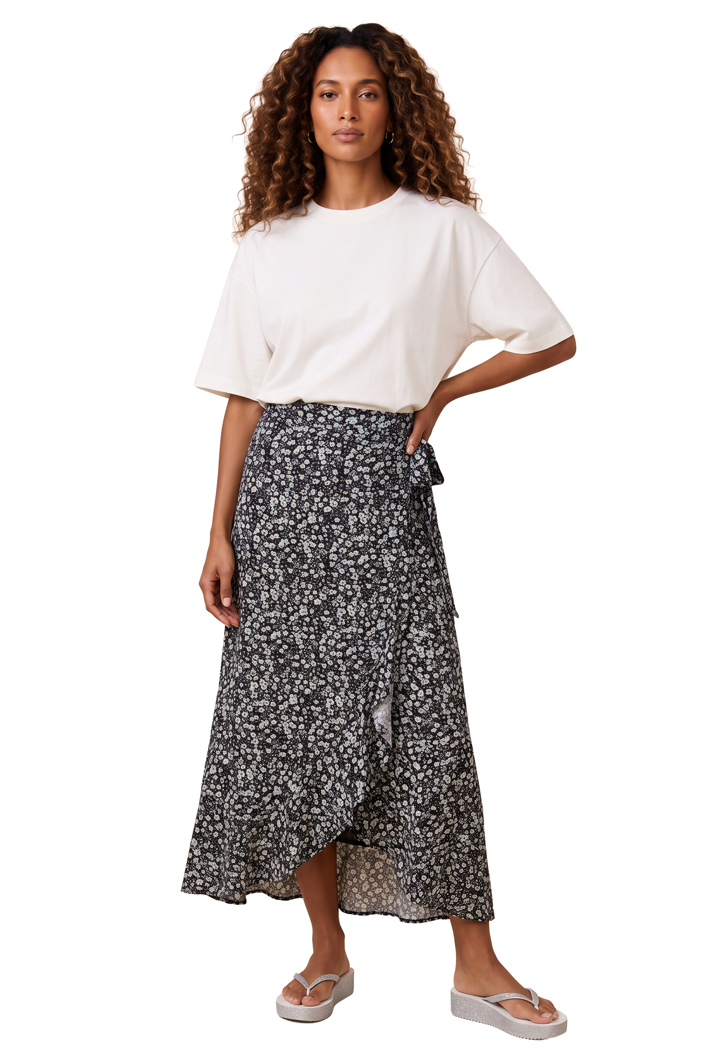 Milly Wrap Skirt Long Black / Blue Flower