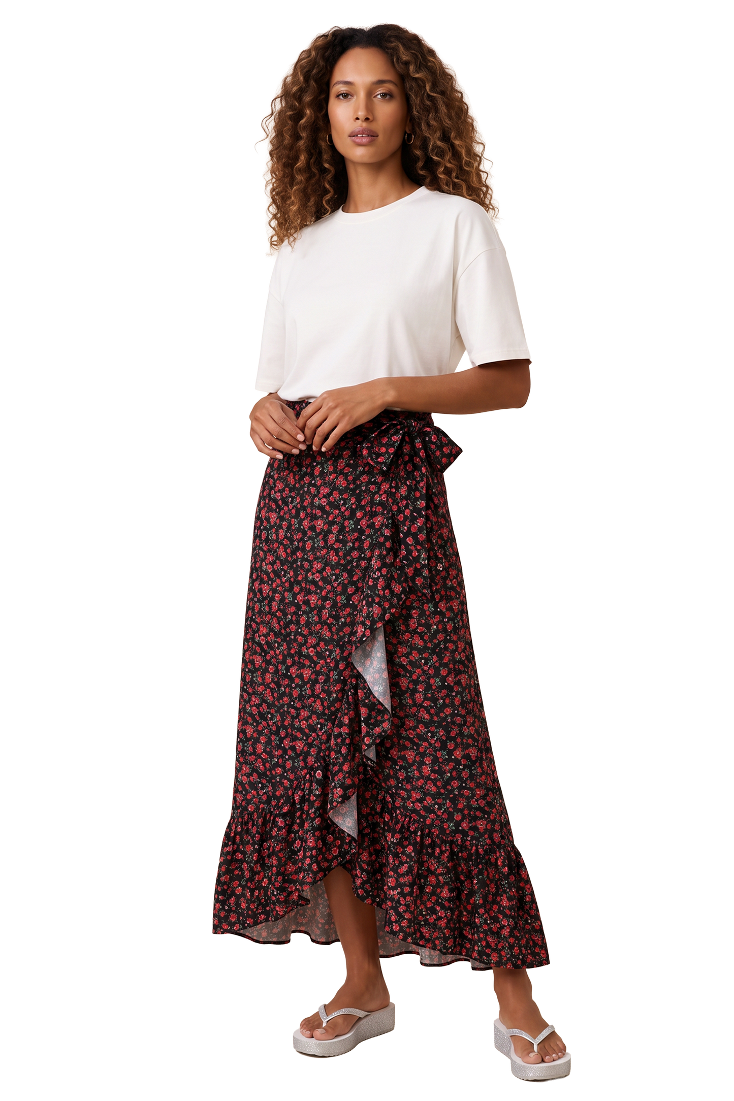Milly Wrap Skirt Long Black/Red Flower
