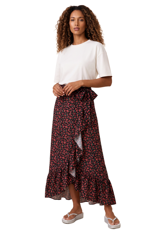 Milly Wrap Skirt Long Black/Red Flower