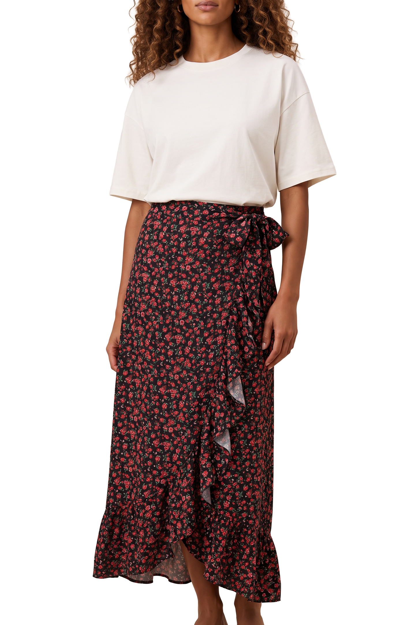 Milly Wrap Skirt Long Black/Red Flower