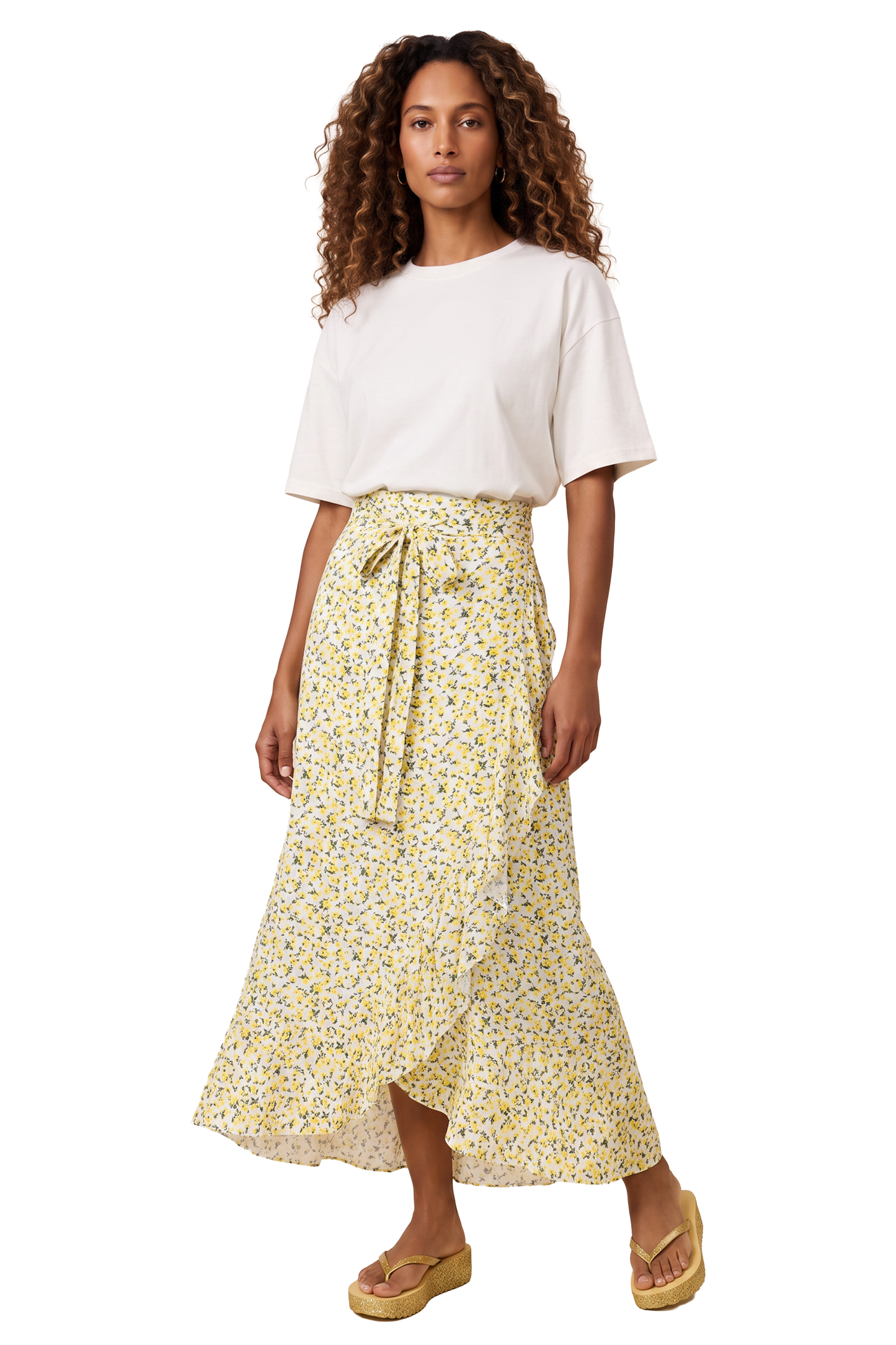 Milly Wrap Skirt Long White / Lime Flower