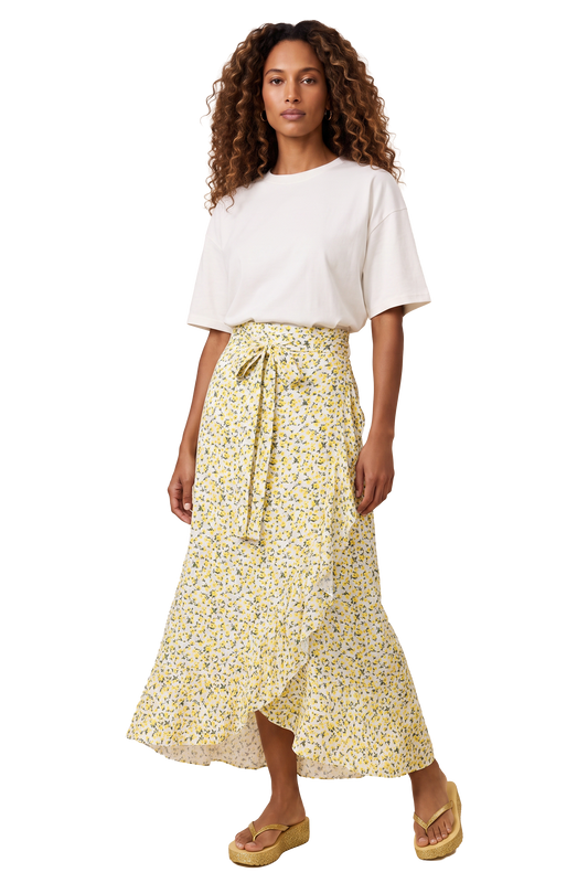 Milly Wrap Skirt Long White / Lime Flower