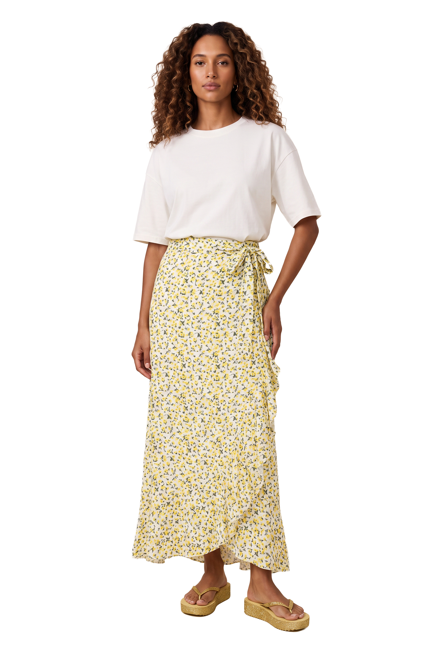 Milly Wrap Skirt Long White / Lime Flower