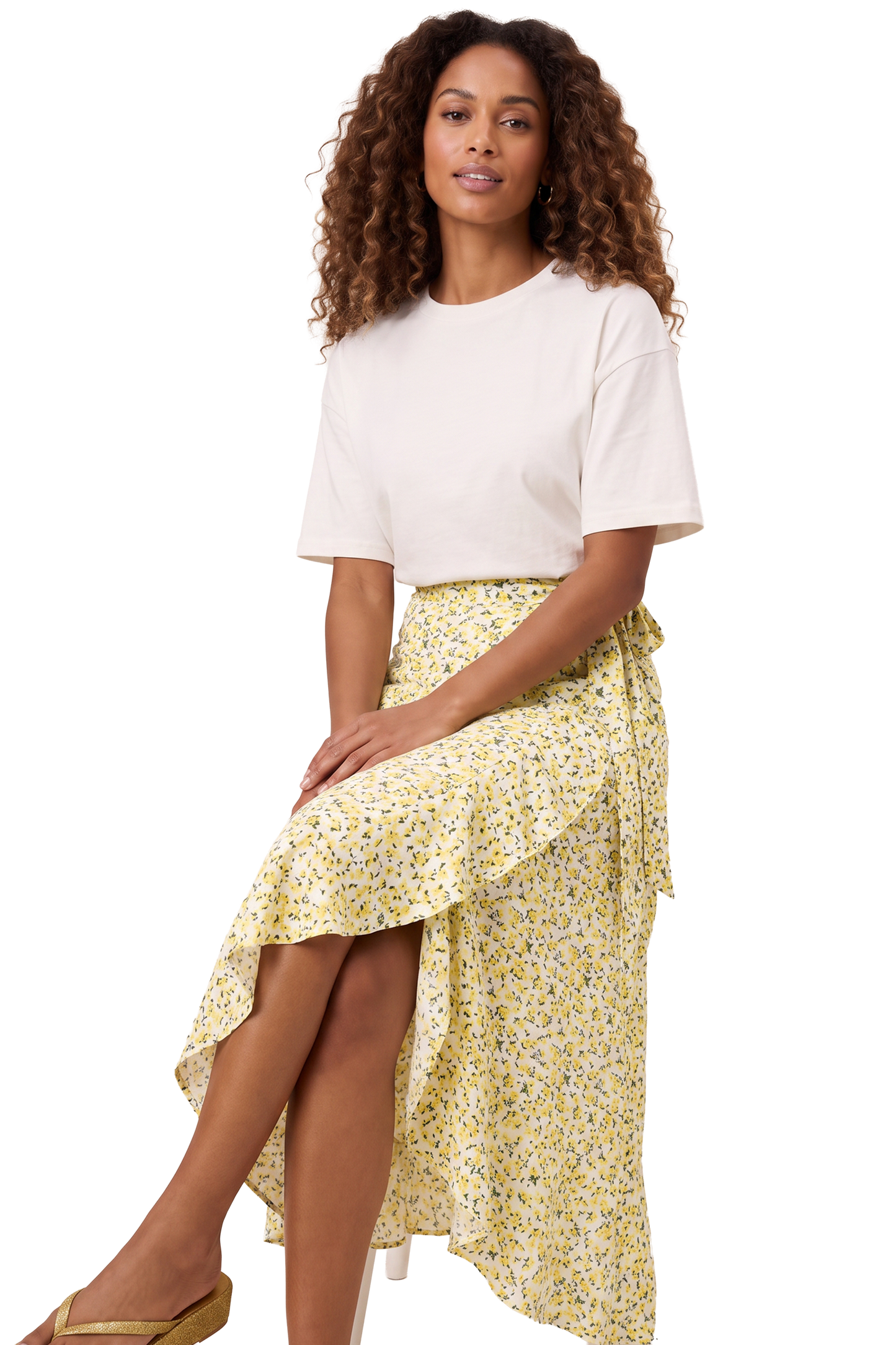 Milly Wrap Skirt Long White / Lime Flower