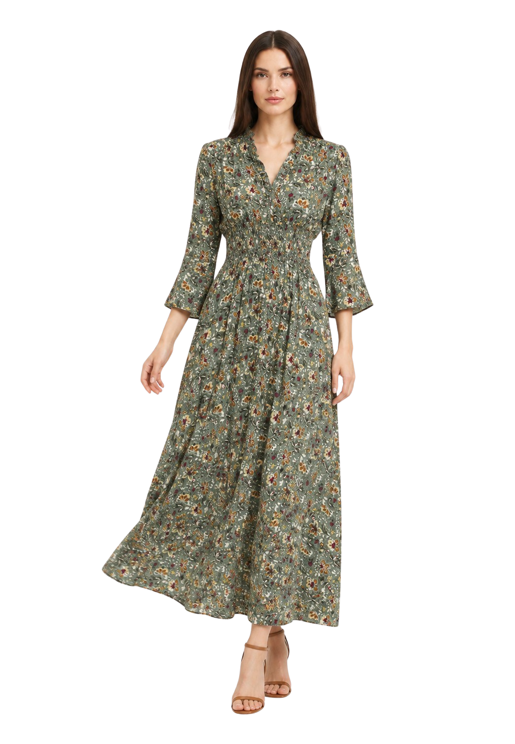Sally Cotton Long Dress Green Multi Small Flower model
